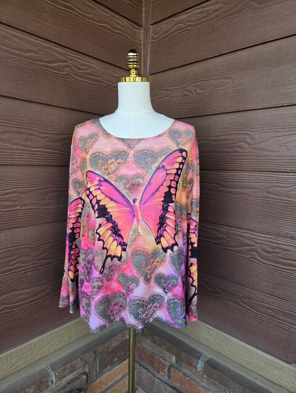 NU Construction Butterfly Print Pink & Orange Women's Long Sleeve Top Size XL